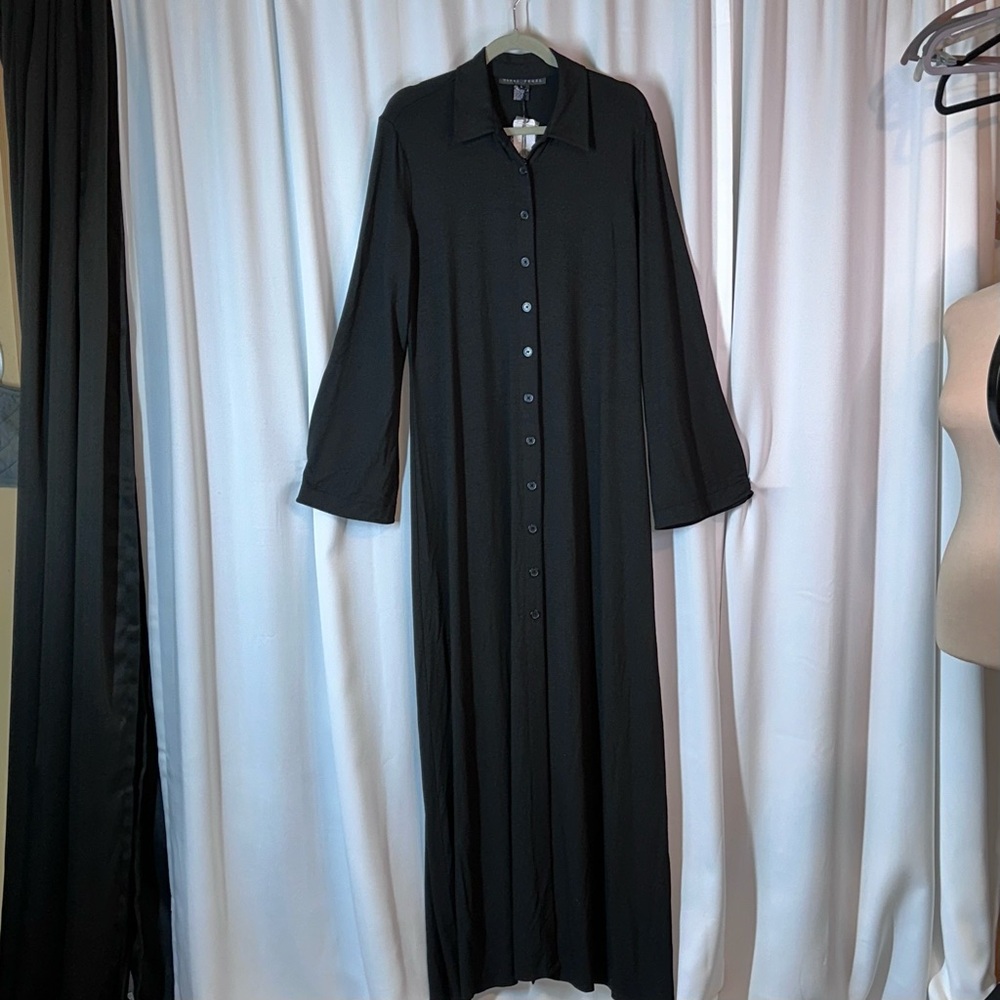NWT Yansi Fugel Travel Jersey Maxi Dress Sz L Button Up Flare Sleeve Comfortable